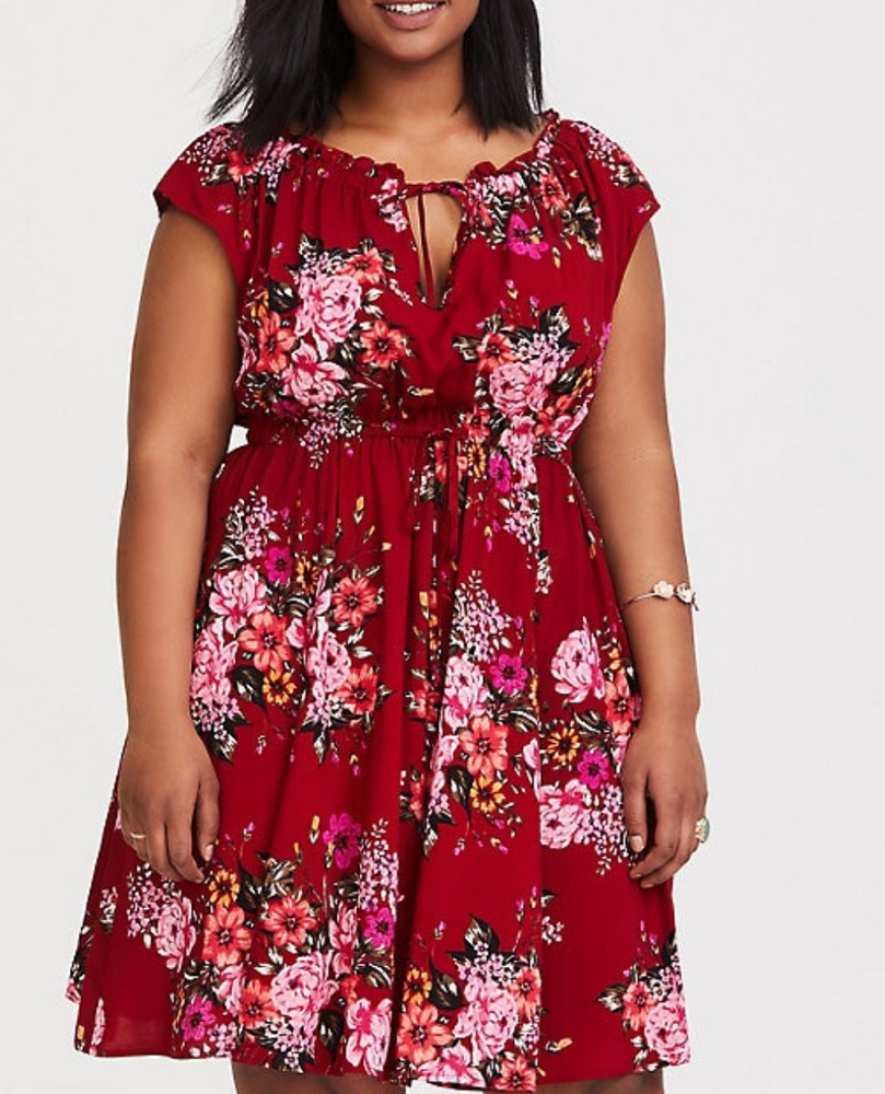 RED FLORAL CHALLIS MINI DRESS